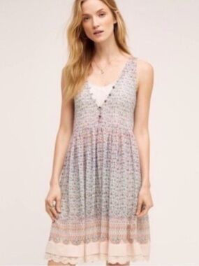 Anthropologie Maeve Violetta Floral Layered Dress Removable Slip Lavender Medium